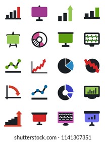 Color and black flat icon set - growth statistic vector, presentation board, crisis graph, circle chart, monitor pulse, statistics, bar, pie, point