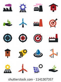 Color and black flat icon set - factory vector, bird house, target, sun panel, windmill, water, palm sproute
