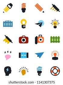 Color and black flat icon set - automatic door vector, brainstorm, bulb, camera, pencil, fence, rolling pin, energy saving, shining head, idea, paper plane, crisis management