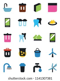 Color and black flat icon set - trash bin vector, bucket, tooth, mobile, blank box, water supply, bathroom, serviette, filter, windmill