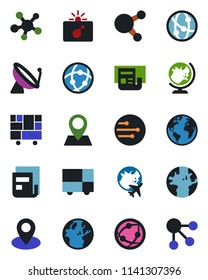 Color and black flat icon set - satellite antenna vector, bomb in case, globe, plane, earth, pin, consolidated cargo, network, share, news, social media