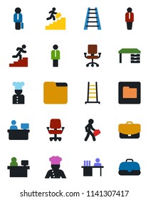 Color and black flat icon set - manager vector, desk, place, ladder, folder, career, cook, office chair, case