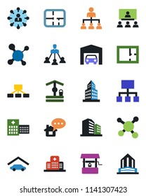 Color and black flat icon set - hierarchy vector, well, molecule, hospital, office building, garage, plan, home message