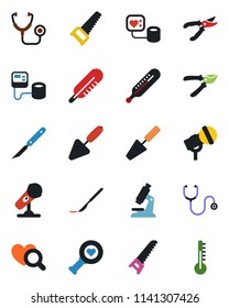 Color and black flat icon set - trowel vector, pruner, saw, stethoscope, blood pressure, thermometer, heart diagnostic, microscope, scalpel, microphone