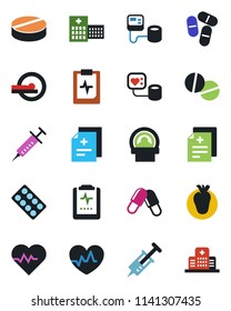 Color and black flat icon set - heart pulse vector, diagnosis, syringe, blood pressure, pills, blister, tomography, real, clipboard, hospital