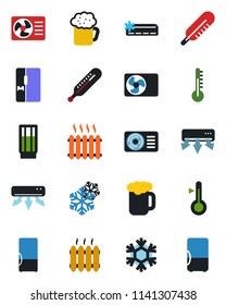 Color and black flat icon set - thermometer vector, heater, air conditioner, fridge, drink, beer, snowflake