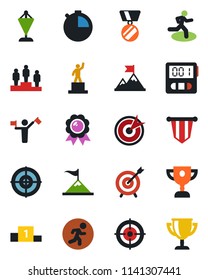 Color and black flat icon set - dispatcher vector, pedestal, pennant, medal, run, stopwatch, target, motivation, award cup