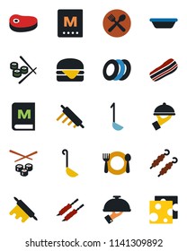 Color and black flat icon set - cafe vector, menu, plates, bacon, waiter, steak, kebab, hamburger, ladle, bowl, rolling pin, sushi, cheese