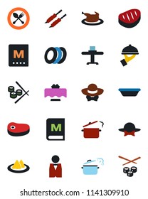 Color and black flat icon set - spoon and fork vector, waiter, restaurant table, serviette, menu, plates, dress code, chicken, steak, kebab, bowl, steaming pan, sushi
