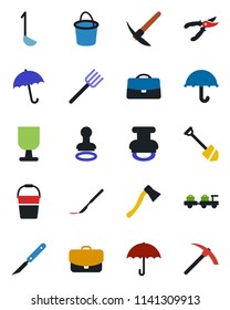 Color and black flat icon set - umbrella vector, stamp, baggage larry, job, farm fork, bucket, pruner, axe, scalpel, fragile, case, ladle, hard work
