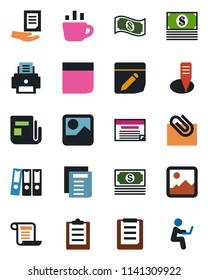 Color and black flat icon set - document vector, coffee, plant label, cash, clipboard, news, gallery, notes, paper clip, blank box, binder, printer, schedule, contract, man with notebook
