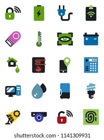 Color and black flat icon set - mobile tracking vector, home control, power plug, wireless lock, water heater, web camera, pc, thermometer, energy saving bulb, eye scan, fridge, sun panel, usb flash