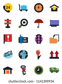 Color and black flat icon set - baggage trolley vector, signpost, earth, important flag, traffic light, office phone, 24 hours, truck trailer, clock, folder document, umbrella, warehouse storage