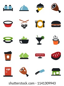 Color and black flat icon set - coffee vector, dish, cafe, reserved, cocktail, salad, plates, waiter, salt and pepper, vip zone, steak, ham, hamburger, bowl, knife, sushi, serviette, storefront