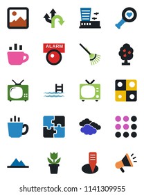 Color and black flat icon set - tv vector, clouds, airport building, coffee, flower in pot, rake, plant label, heart diagnostic, route, menu, gallery, application, pool, fruit tree, mountains