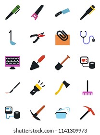 Color and black flat icon set - pen vector, trowel, shovel, rake, pruner, saw, axe, monitor pulse, stethoscope, blood pressure, scalpel, torch, paper clip, ladle, knife, steaming pan, hard work