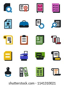 Color and black flat icon set - contract vector, office binder, document search, reload, receipt, clipboard, news, checklist, archive box, copier, stamp, estate, case, certificate