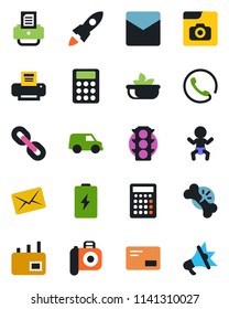 Color and black flat icon set - baby vector, printer, broken bone, traffic light, camera, chain, mail, photo gallery, calculator, phone, salad, battery, rocket, car, advertising