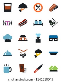 Color and black flat icon set - spoon and fork vector, cafe, coffee, cook, dish, hat, drink, bacon, waiter, salt pepper, building, restaurant receipt, bowl, knife, sushi, serviette