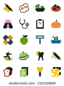 Color and black flat icon set - plant label vector, pumpkin, seeds, diagnosis, stethoscope, patch, run, lungs, caries, implant, pulse clipboard, diet, pool, salad, bread, rolling pin, omelette