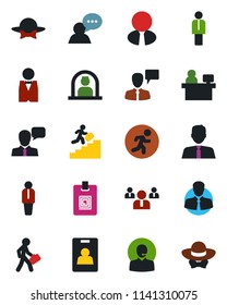 Color and black flat icon set - reception vector, manager, speaking man, team, place, run, client, speaker, identity card, support, career ladder, estate agent, waiter, dress code