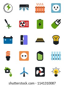 Color and black flat icon set - ripper vector, rca, battery, charge, heater, fridge, home control, socket, fan, air conditioner, radiator, warm floor, bulb, energy saving, windmill, idea