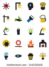 Color and black flat icon set - brainstorm vector, fire, sun, garden light, eye, torch, brightness, desk lamp, fireplace, beer, candle, bulb, energy saving, outdoor, alarm led, palm sproute, idea