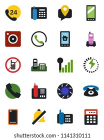 Color and black flat icon set - no mobile vector, office phone, 24 hours, tracking, radio, back, call, camera, mute, cellular signal, charge, home control app, combination lock