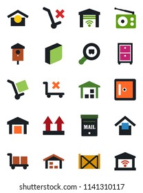 Color and black flat icon set - checkroom vector, bird house, container, cargo, warehouse storage, up side sign, no trolley, search, radio, blank box, archive, mailbox, garage gate control
