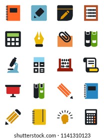 Color and black flat icon set - book vector, calculator, abacus, notepad, presentation board, pencil, contract, microscope, notes, copybook, paper clip, ink pen, shining head
