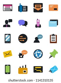 Color and black flat icon set - mobile phone vector, office, speaker, paper pin, mail, message, network, clipboard, home, schedule