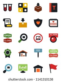 Color and black flat icon set - no laptop vector, statistic monitor, contract, plant label, blood test vial, heart shield, medical calendar, warehouse, package, search cargo, application, wine card
