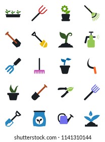 Color and black flat icon set - job vector, garden fork, shovel, farm, rake, seedling, watering can, sproute, pruner, sickle, sprayer, fertilizer, flower in pot, irrigation