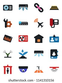 Color and black flat icon set - plane radar vector, security gate, identity card, barcode, chain, root setup, air conditioner, smart home, irrigation, water heater, intercome, warm floor, sprinkler