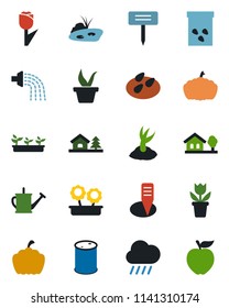 Color and black flat icon set - flower in pot vector, seedling, watering can, sproute, rain, plant label, pumpkin, seeds, tulip, oil barrel, house with tree, pond, apple fruit