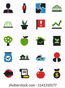 Color and black flat icon set - left arrow vector, manager, contract, seedling, greenhouse, fertilizer, important flag, application, point graph, house with tree, pond, fruit, estate agent, apple