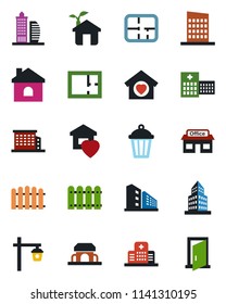 Color and black flat icon set - fence vector, house, garden light, hospital, store, office building, plan, sweet home, city, cafe, eco, door