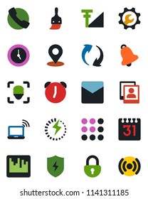 Color and black flat icon set - wireless notebook vector, call, menu, update, protect, themes, clock, alarm, bell, mail, scanner, calendar, place tag, lock, face id, photo gallery, cellular signal