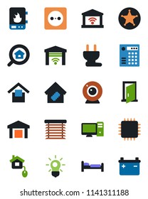 Color and black flat icon set - bed vector, warehouse storage, estate search, smart home, control, chip, socket, power plug, water heater, web camera, pc, bulb, jalousie, garage gate, police, door