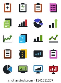 Color and black flat icon set - growth statistic vector, monitor, diagnosis, pulse clipboard, statistics, bar graph, pie, checklist, point, presentation