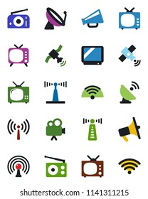 Color and black flat icon set - antenna vector, satellite, radio, loudspeaker, tv, video camera, wireless