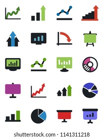 Color and black flat icon set - growth statistic vector, presentation board, crisis graph, monitor, circle chart, statistics, bar, pie, point, arrow up