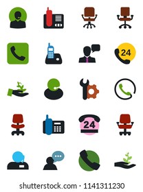 Color and black flat icon set - office chair vector, phone, 24 hours, support, speaker, radio, call, root setup, palm sproute
