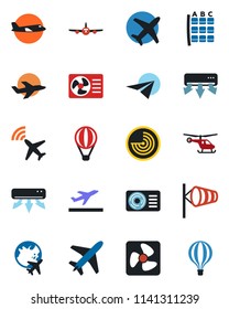 Color and black flat icon set - plane vector, radar, departure, wind, helicopter, seat map, globe, air conditioner, fan, paper, balloon