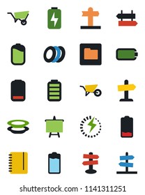 Color and black flat icon set - signpost vector, notepad, presentation board, wheelbarrow, battery, low, folder, charge, plates, guidepost