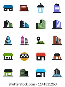 Color and black flat icon set - taxi vector, shop, office building, garden light, navigation, store, city house, cafe, storefront