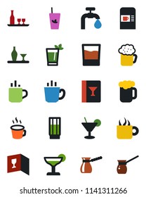 Color and black flat icon set - hot cup vector, coffee machine, water supply, alcohol, wine card, drink, cocktail, phyto bar, beer, turkish