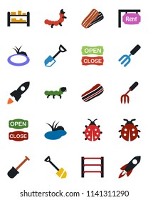 Color and black flat icon set - job vector, garden fork, shovel, lady bug, caterpillar, pond, rack, rent, bacon, open close, rocket
