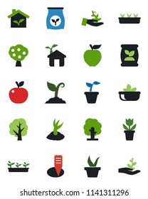 Color and black flat icon set - flower in pot vector, seedling, tree, sproute, plant label, fertilizer, fruit, salad, apple, eco house, palm