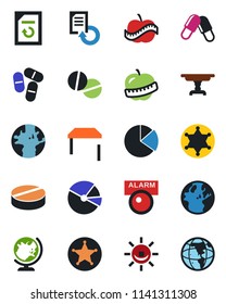 Color and black flat icon set - globe vector, document reload, pills, diet, earth, pie graph, table, police, alarm led